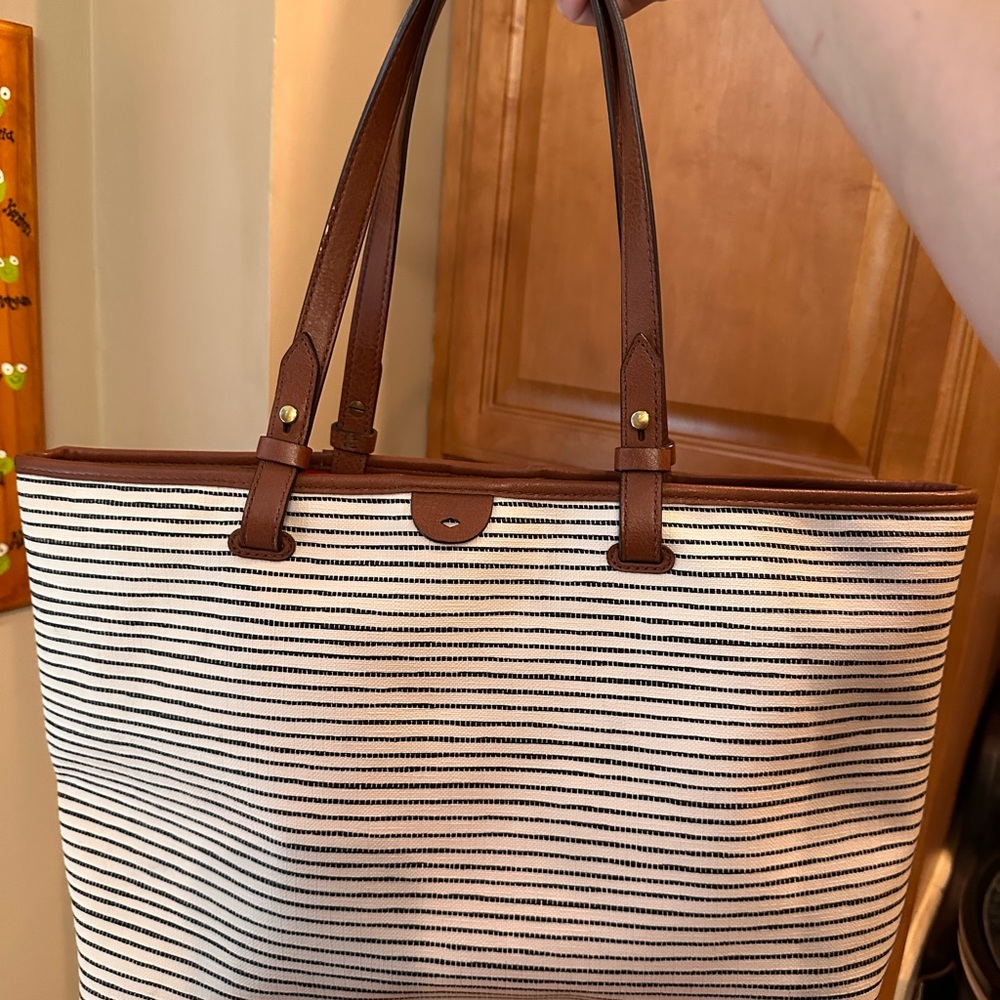Fossil Striped Brown and White Tote Bag